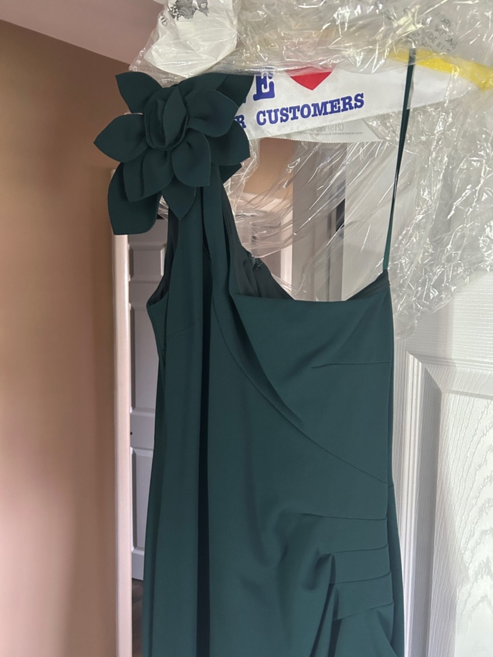 Xscape Teal One-Shoulder Dress with Floral Shoulder Detail